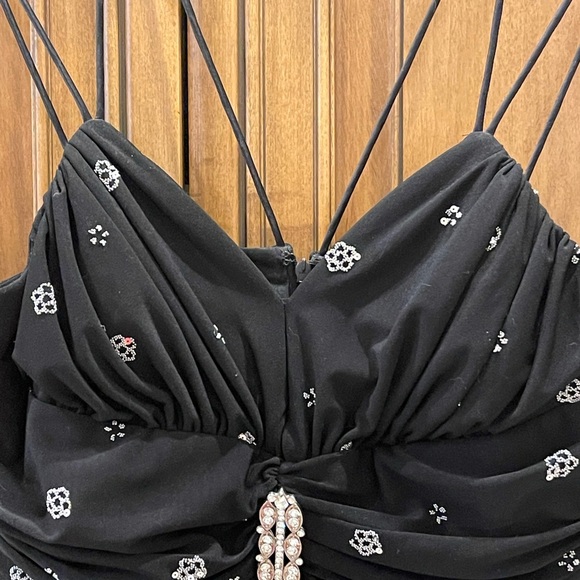 Cache BLACK beaded dress Stone Brooch Sweetheart Neckline Spaghetti Straps SZ 12 - Picture 6 of 14